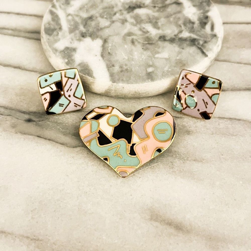 Vintage Cynthia‎ Chuang Heart Brooch and Square Earrings Set Ceramic Unsigned